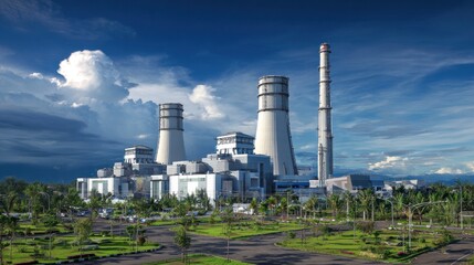 Power plant complex under a dramatic sky