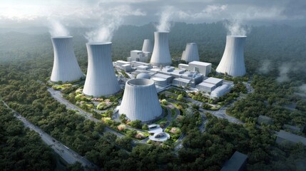 Power plant complex amidst lush landscape
