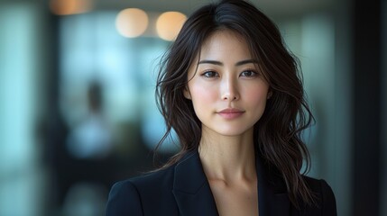 Obraz premium A Japanese woman in her late 30s and early 40s, dressed in impeccably tailored black suit, exuded confidence and sophistication, her gaze directed towards the camera, 8k 