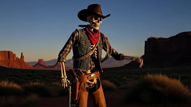 Skeleton Cowboy at Sunset in Monument Valley - A skeletal cowboy figure, clad in a classic western outfit, stands silhouetted against the breathtaking sunset backdrop of Monument Valley.