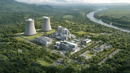 Power plant nestled in lush landscape