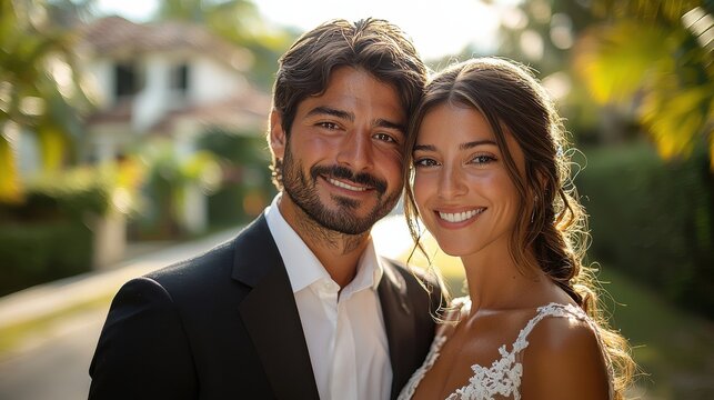 A beaming husband and wife, their faces etched with joy and anticipation, stood proudly in front of their brand new home, symbolizing the start of a new chapter in their lives. Their love story 