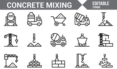 Editable construction site icons featuring cement mixers and heavy machinery