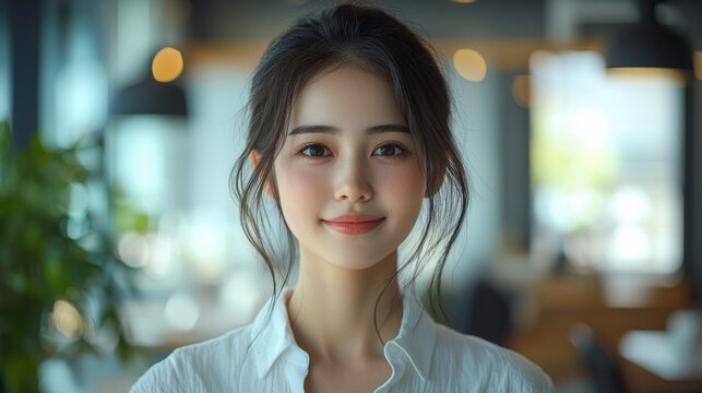 A beautiful Japanese businesswoman in a cheerful smile, her dark hair neatly pulled back, exudes professionalism and confidence as she diligently works in an office setting, 8k 
