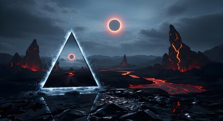 Mystical triangle portal reveals a volcanic landscape with rivers of lava under a dramatic cloudy sky with an eclipse.