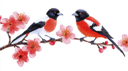 Fototapeta premium Pair of colorful birds perched on branch adorned with pink blossoms, showcasing vibrant and harmonious scene
