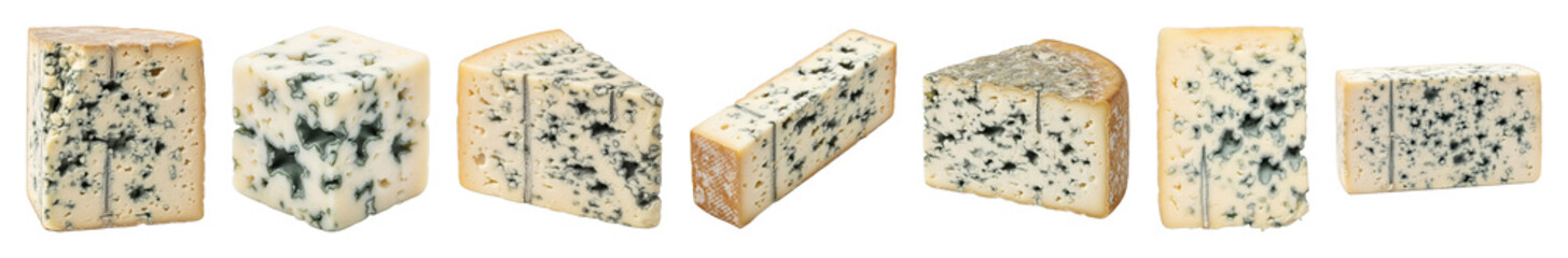 Blue cheese set including various blocks, wedges, and rectangular pieces isolated. Gourmet dairy product collection.