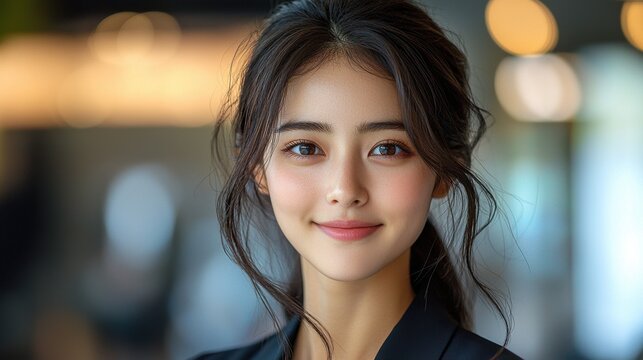 A beautiful Japanese businesswoman in a cheerful smile, her dark hair neatly pulled back, exudes professionalism and confidence as she diligently works in an office setting, 8k 