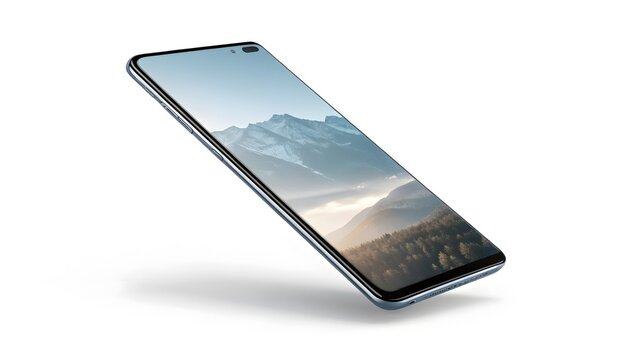 A minimal, modern smart phone on a white stand with a clean, bright backdrop