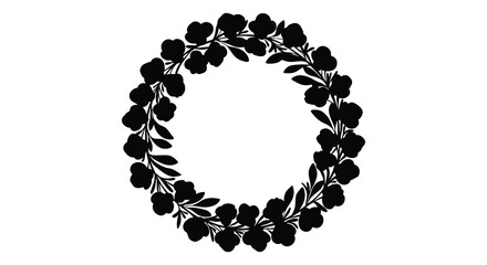 a black floral wreath on a white background with leaves and flowers
