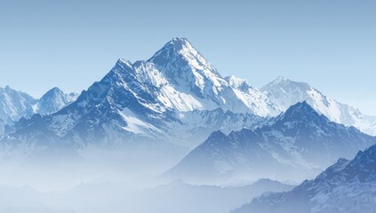 Obraz premium Majestic mountain range, capped with snow, bathed in soft, light blue hues, a misty atmosphere