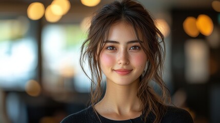 Obraz premium A beautiful Japanese businesswoman in her early twenties, with a radiant smile, confidently executes her tasks in her modern office, exuding professionalism and grace, 8k 