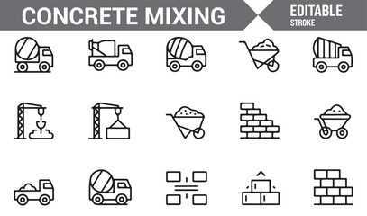 Editable concrete mixing and construction icons for building projects