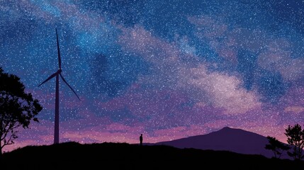 Silhouette figure with wind turbine under starry sky