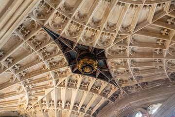 Cambridge, England. Interior view of the world's largest fan vault at King's College Chapel, completed in 1515 under Henry VIII, masterpiece of English Perpendicular Gothic architecture