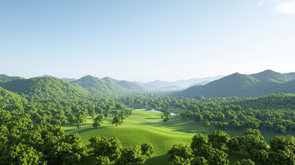 Obraz premium Lush green landscape with rolling hills, trees, and serene river under clear blue sky, evoking tranquility and natural beauty