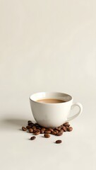 White ceramic coffee cup placed beside scattered roasted coffee beans on a plain light background, minimal lifestyle concept.