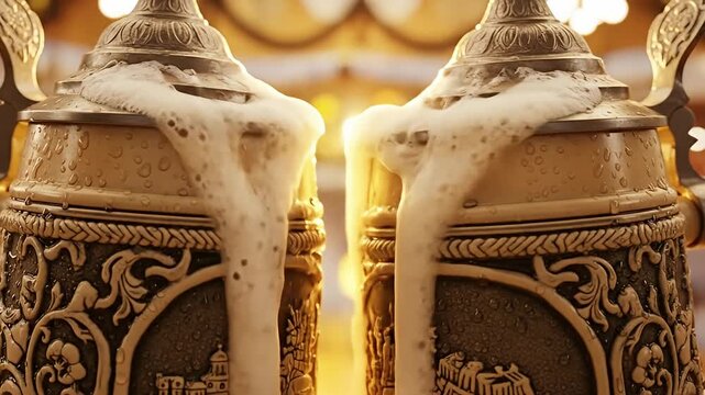 Two ornate, mirrored beer steins overflow with foam, illuminated by warm light