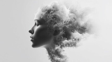 Fototapeta premium Woman's profile merging with smoke, ethereal and surreal in monochrome