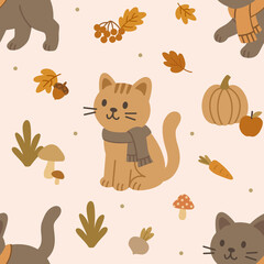 Obraz premium Autumn seamless pattern design. Print with cats for fabrics and clothes