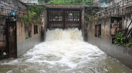 Water rushing through a dam