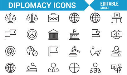Icons for diplomacy, negotiation, and international law in a clean design