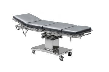 Surgical table with adjustable features. Metallic, padded surface, wheeled base