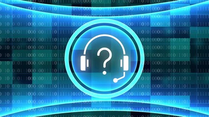 Blue Digital Binary Code Background With Headphones and Question Mark Icon technology data