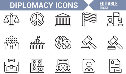 Collection of diplomatic and government icons for peace and law