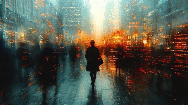 A bustling metropolis, a concrete jungle teeming with the energy of ambition, captured in a blur of motion as a sea of businesspeople, their faces obscured, navigate the city's vibrant heart. 