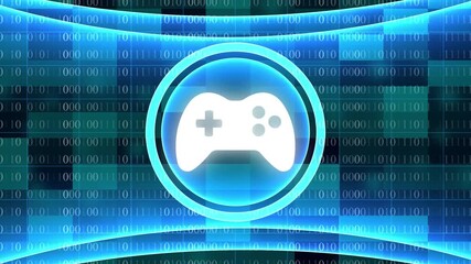 White Game Controller Symbol Inside Blue Neon Ring with Blue Binary Code Backdrop joystick gamepad - Powered by Adobe