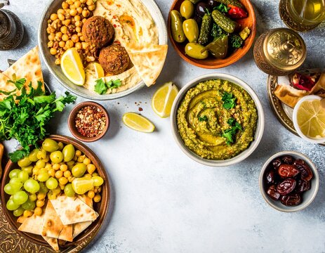 A vibrant overhead shot of a delicious Middle Eastern mezze platter showcasing various dips, falafel, and pita bread