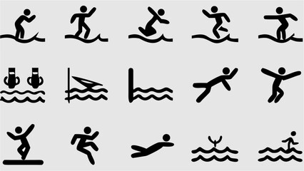 Collection of simple black and white pictograms depicting various water sports and activities on a light background