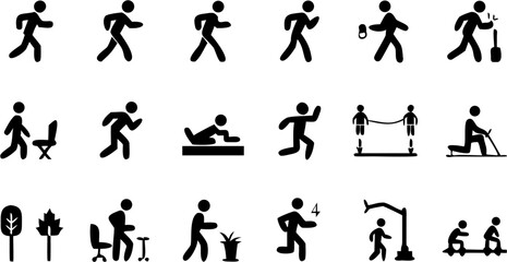 Depiction of various stick figure people engaging in diverse activities and actions on a white background