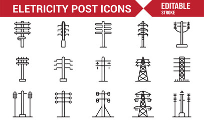 Transmission tower and electricity post icons in a clean line style
