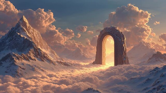 Majestic snow-capped mountains surround a glowing portal arch, illuminated by dramatic sunset light and clouds, evoking fantasy and adventure. - Powered by Adobe