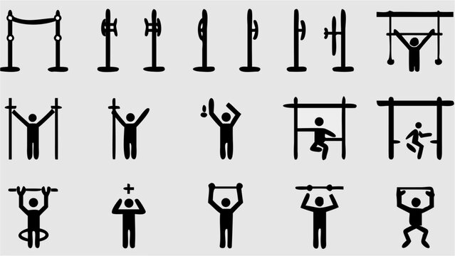 Collection of black and white fitness icons showing various exercise equipment and workout positions