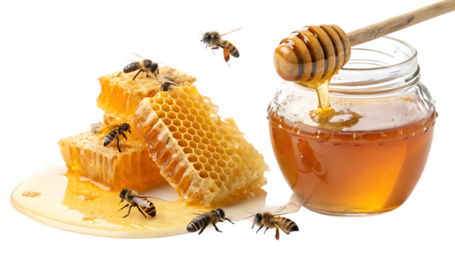 Golden Nectar: Bees swarm near fresh honeycomb, while a jar of golden honey overflows with a wooden drizzler, a close-up visual narrative of nature's sweet reward PNG. AI GENERATED.
