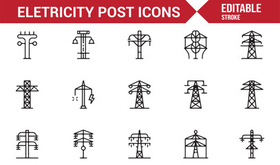 Minimalist electric pylon and power line icons for energy systems