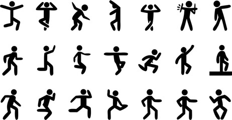Collection of black stick figures in various poses and actions on a white background in a simple style