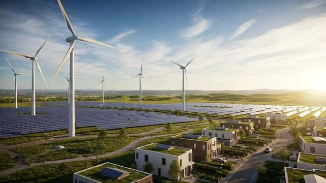 Futuristic Green Energy Village: Wind Turbines & Solar Panels Powering Modern Eco-Homes Under Sunny Skies