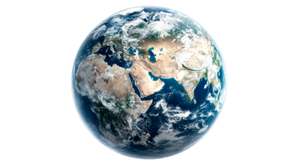 Detailed view of planet Earth with visible continents and clouds against a white background