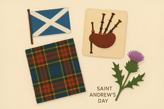 Saint andrews day celebration illustration with scottish flag, tartan cloth, bagpipes, and national thistle flower cultural heritage symbols