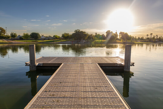 Dock at Sunrise on the Lake at Kiwanis Park in Tempe, Arizona