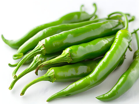 Clean macro photograph featuring Fresh green chili peppers arrangement culinary ingredient food spice hot isolated on transparent background, studio product photo on a clean white background, isolated - Powered by Adobe