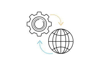A gear and a globe connected by arrows, symbolizing global systems, technology, and interconnected processes