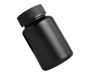 Matte black plastic bottle with screw cap, empty container for supplements, pills, vitamins, capsules, powders, secure packaging solution