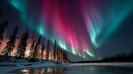 Breathtaking nighttime aurora borealis with vibrant pink and green lights illuminating a snowy forest landscape

