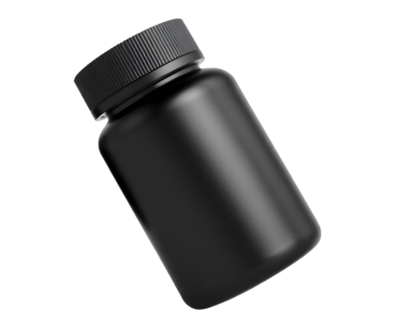 Matte black plastic bottle with screw cap, empty container for supplements, pills, vitamins, capsules, powders, secure packaging solution