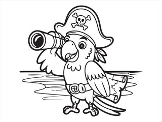 Playful Pirate Parrot on a Pirate Ship – Detailed Black and White Illustration